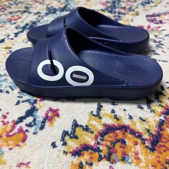 OOFOS Ooahh Sport Recovery Slide Sandals Navy Unisex M7/W9 Open Toe Big Logo - Picture 4 of 10